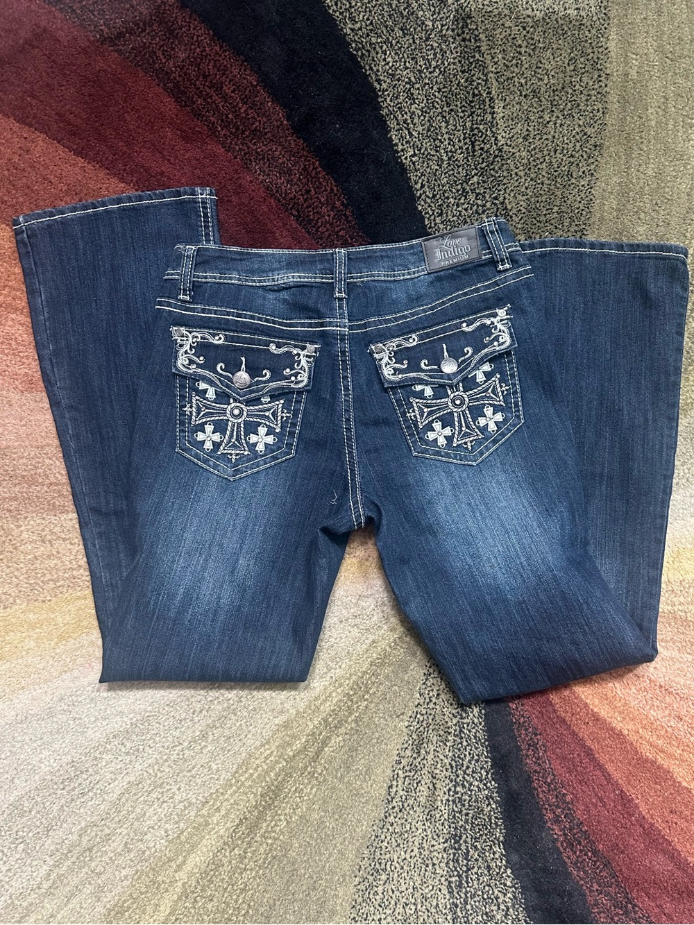 Love Indigo Dark Blue Bootcut Jeans with Embroidered Back Pockets